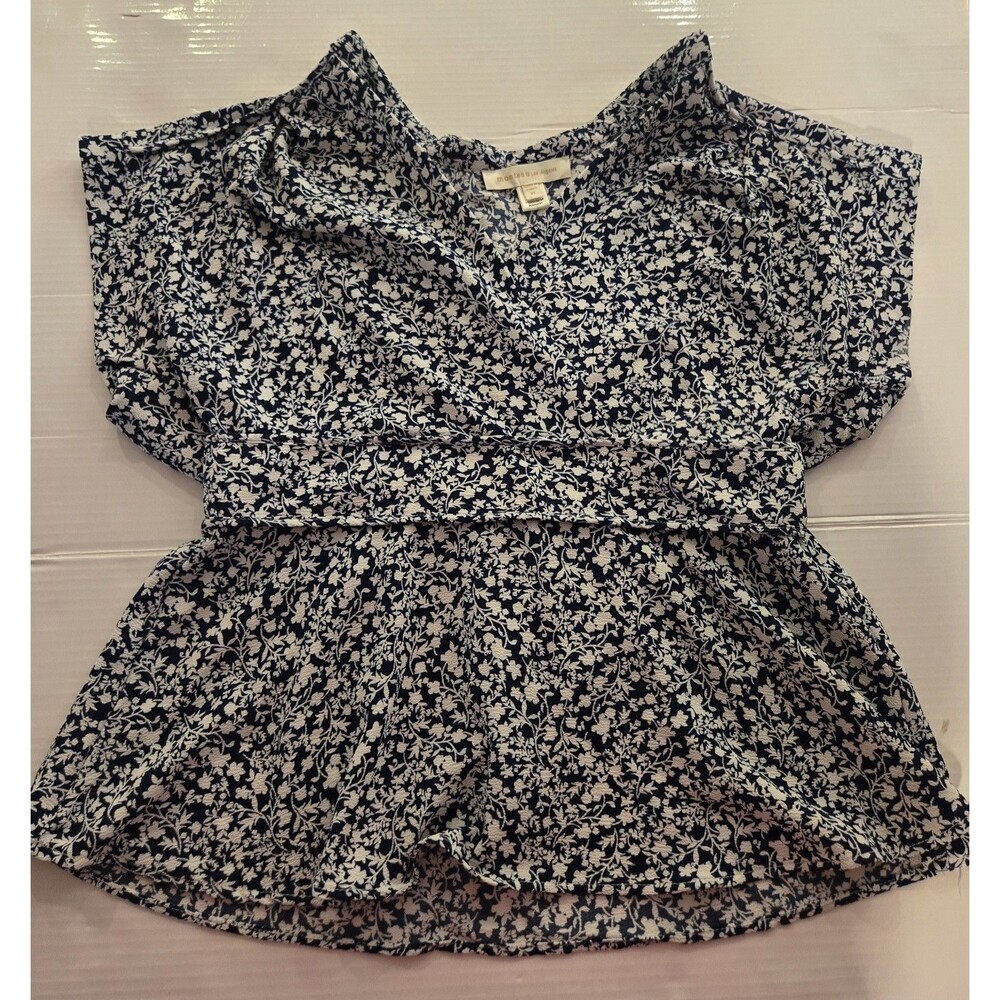 Monteau Navy and White Floral Peplum Blouse